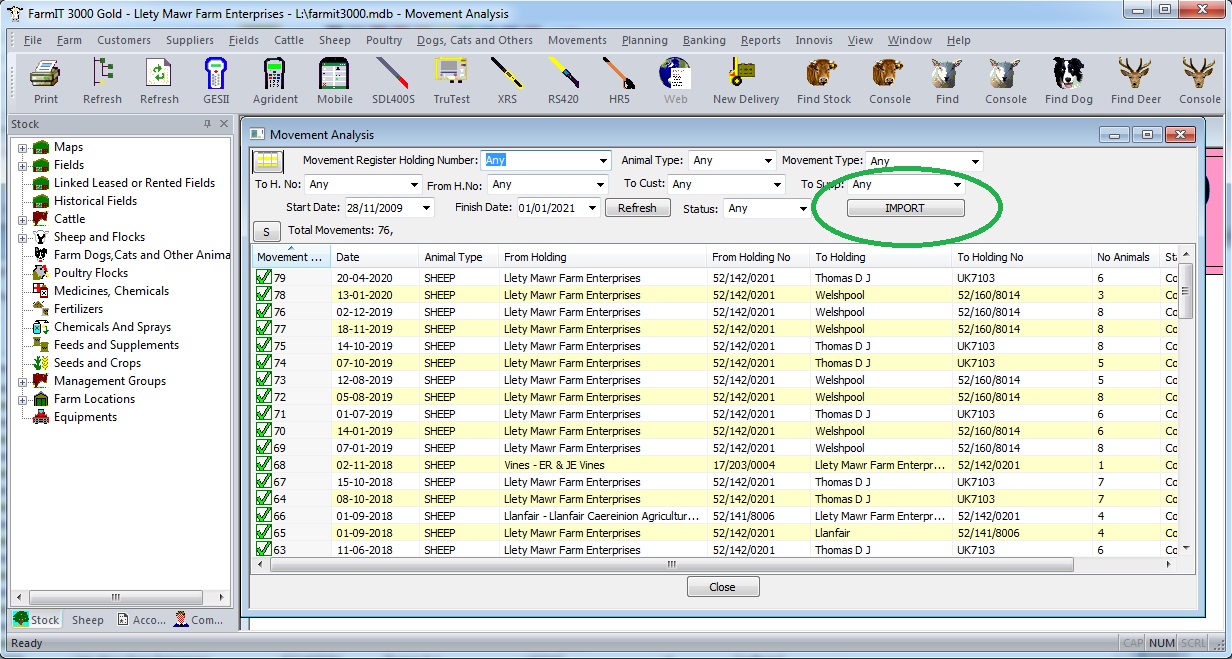 Movements List with Import Button