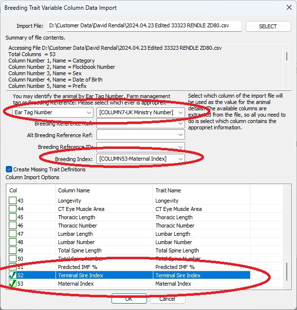 Breeding Traint Import with selected column values