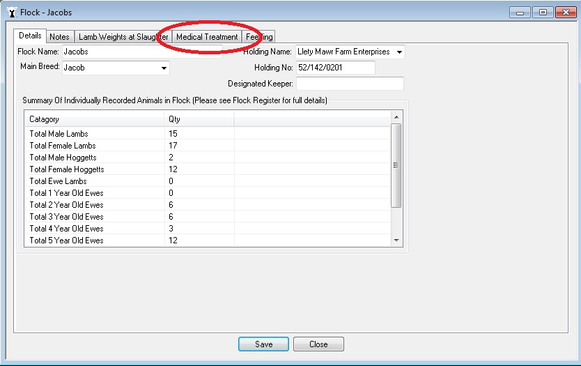 Sheep Flock Treatments Tab