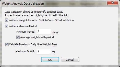 Weight Analysis Validation Options