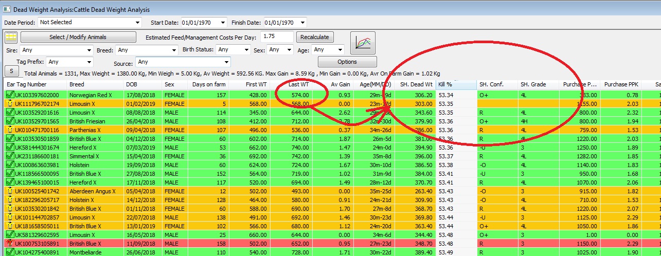 Dead weight Analysis Killing Out Percentage