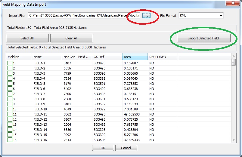 FarmIT 3000 Field Mapping Import Screen