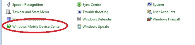 Windos Mobile Device Center in control Panel